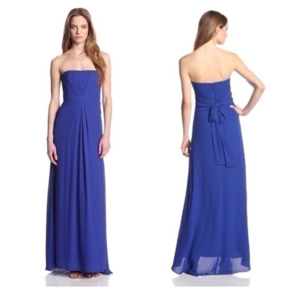 BCBGMaxazria Whitley blue pleated strapless gown 0 AF28